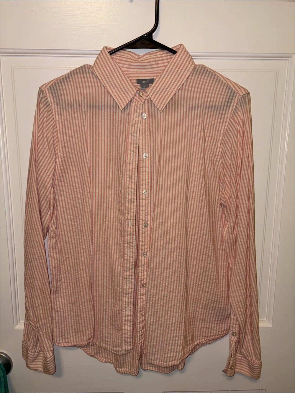 aerie Pink and White Striped Long-Sleeve Button Down Shirt